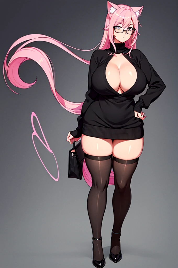 Tall girl with pink hair with cat ears wears a short black sweater and a short black skirt and black stockings on her legs big breasts wide hips big thighs and wears glasses and has a pink cat tail and a tender expression