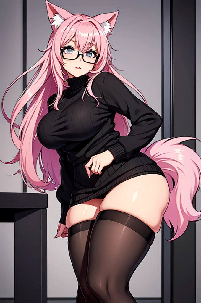 Tall girl with pink hair with cat ears wears a short black sweater and a short black skirt and black stockings on her legs big breasts wide hips big thighs and wears glasses and has a pink cat tail and a tender expression