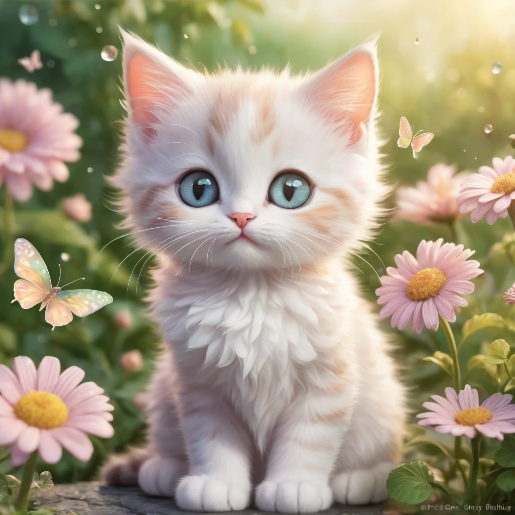 Create an incredibly charming and visually delightful image featuring an adorable cat. Picture a fluffy, wide-eyed kitten with a playful expression, sitting amidst a whimsical garden filled with oversized, colorful flowers and fluttering butterflies. The kitten's fur is soft and fluffy, with a unique pattern that makes it stand out. Surrounding the kitten are small, magical elements like glowing fireflies, tiny fairies, and sparkling dewdrops that add a touch of enchantment to the scene.
In the background, a cozy, picturesque cottage with a thatched roof and blooming vines can be seen, adding to the idyllic and magical atmosphere. The sky is a soft gradient of pastel colors, indicating either dawn or dusk, casting a gentle, warm light over the entire scene. The colors should be bright and cheerful, with a harmonious blend of natural tones and fantasy hues.
The entire image should evoke a sense of warmth, joy, and wonder, capturing the heart-melting cuteness of the kitten while immersing the viewer in a beautifully crafted, magical world.