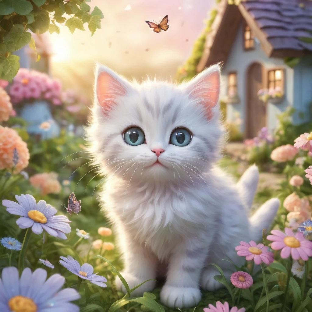 Create an incredibly charming and visually delightful image featuring an adorable cat. Picture a fluffy, wide-eyed kitten with a playful expression, sitting amidst a whimsical garden filled with oversized, colorful flowers and fluttering butterflies. The kitten's fur is soft and fluffy, with a unique pattern that makes it stand out. Surrounding the kitten are small, magical elements like glowing fireflies, tiny fairies, and sparkling dewdrops that add a touch of enchantment to the scene.

In the background, a cozy, picturesque cottage with a thatched roof and blooming vines can be seen, adding to the idyllic and magical atmosphere. The sky is a soft gradient of pastel colors, indicating either dawn or dusk, casting a gentle, warm light over the entire scene. The colors should be bright and cheerful, with a harmonious blend of natural tones and fantasy hues.

The entire image should evoke a sense of warmth, joy, and wonder, capturing the heart-melting cuteness of the kitten while immersing the viewer in a beautifully crafted, magical world.