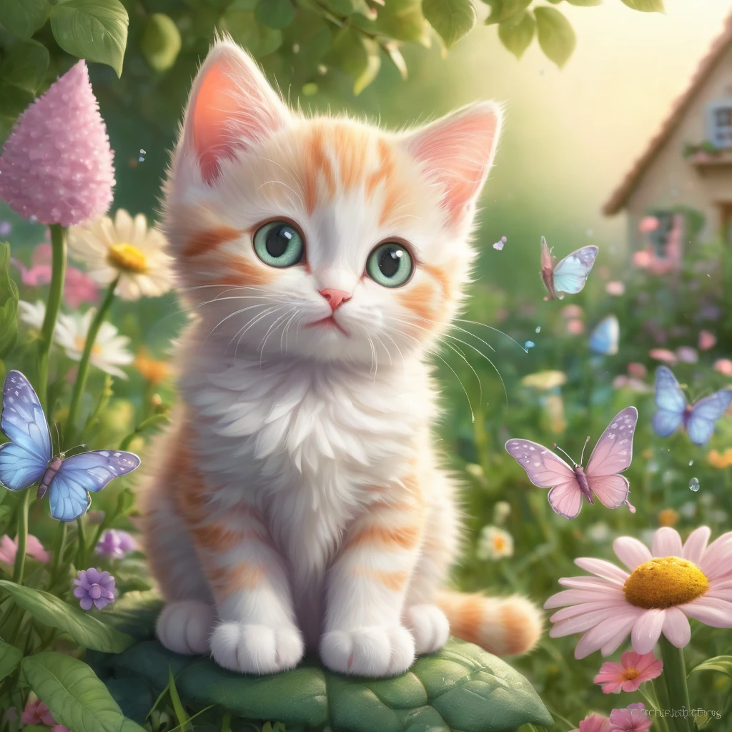 Create an incredibly charming and visually delightful image featuring an adorable cat. Picture a fluffy, wide-eyed kitten with a playful expression, sitting amidst a whimsical garden filled with oversized, colorful flowers and fluttering butterflies. The kitten's fur is soft and fluffy, with a unique pattern that makes it stand out. Surrounding the kitten are small, magical elements like glowing fireflies, tiny fairies, and sparkling dewdrops that add a touch of enchantment to the scene.
In the background, a cozy, picturesque cottage with a thatched roof and blooming vines can be seen, adding to the idyllic and magical atmosphere. The sky is a soft gradient of pastel colors, indicating either dawn or dusk, casting a gentle, warm light over the entire scene. The colors should be bright and cheerful, with a harmonious blend of natural tones and fantasy hues.
The entire image should evoke a sense of warmth, joy, and wonder, capturing the heart-melting cuteness of the kitten while immersing the viewer in a beautifully crafted, magical world.