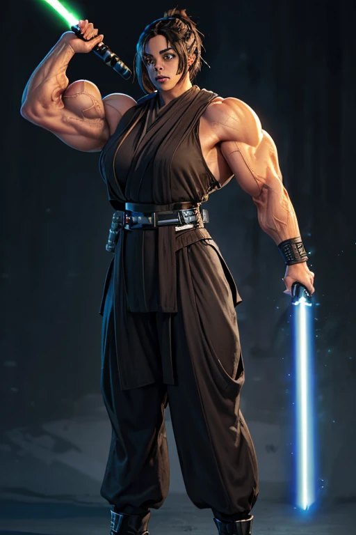 ((((Massive, tall, beautiful, buff, muscular light brown skinned female Jedi with black hair, black lipstick, ginormous bulky muscles, holding a lightsaber and wearing an all black Jedi outfit and Jedi pants)))), (close view), black eyeliner, massive muscles, massive biceps, hyper muscle triceps, (long straight hair), orange eyes, Jedi boots, In space, Jedi outfit, Jedi pants, nighttime, confident smile, hyper muscles arms, hyper muscle legs, (massive arms)