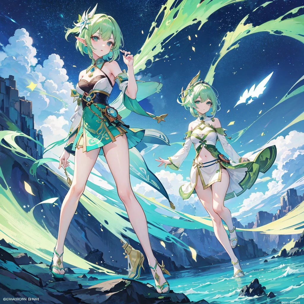 Pretty, beautiful, elf girl, elf, green hair, short hair, pretty hair, beautiful body, genshin impact design, fashion, fashion design, genshin impact, video game, full body, pretty face, starry clothes.