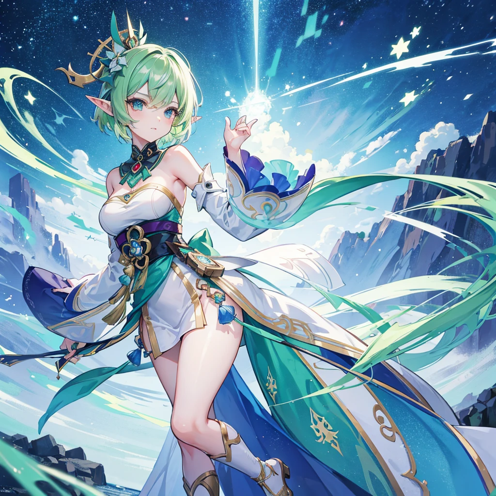 Pretty, beautiful, elf girl, elf, green hair, short hair, pretty hair, beautiful body, genshin impact design, fashion, fashion design, genshin impact, video game, full body, pretty face, starry clothes.