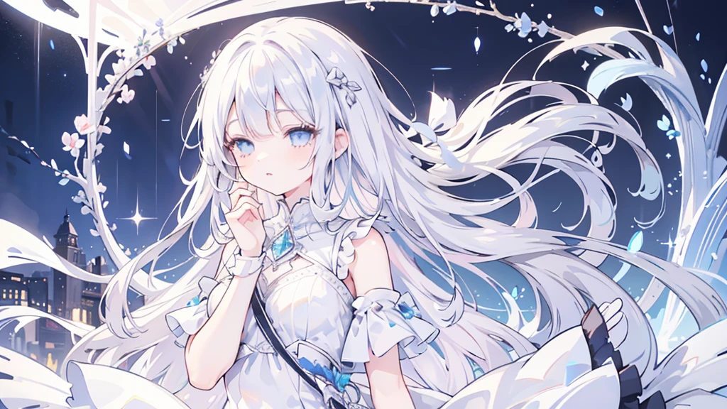 silver hair, hair over eyes, jewelry, half-closed eyes, sad, parted lips, crossed bangs, floating hair, crystal hair, Renaissance, sparkle, masterpiece, best quality,White Dress,Girl,blue eyes,rain,night,whole body,garden