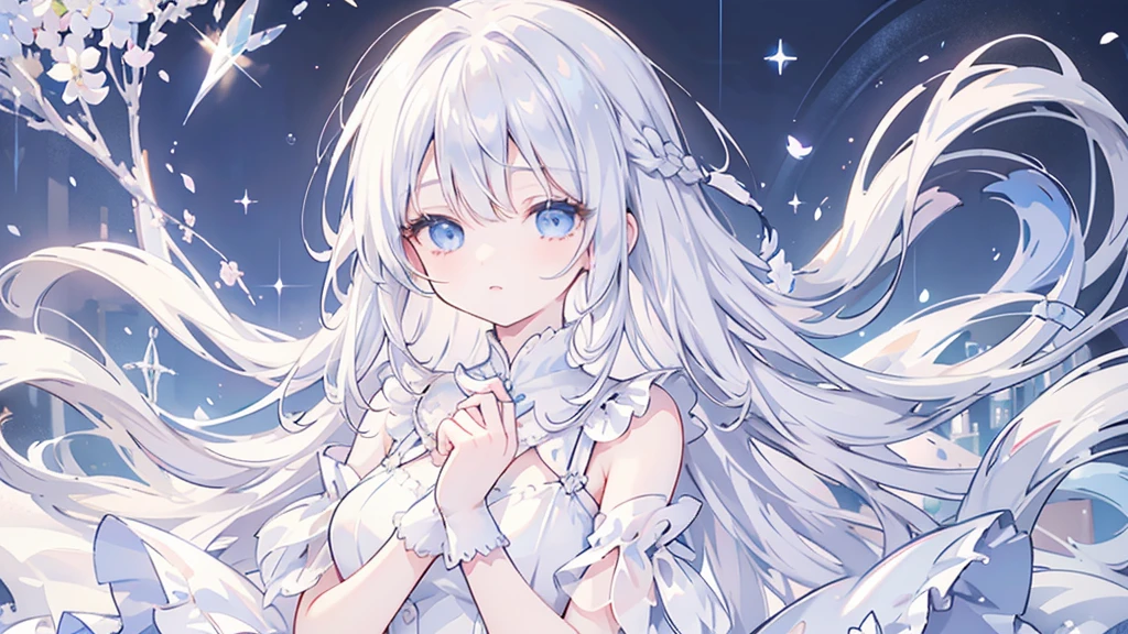 silver hair, hair over eyes, jewelry, half-closed eyes, sad, parted lips, crossed bangs, floating hair, crystal hair, Renaissance, sparkle, masterpiece, best quality,White Dress,Girl,blue eyes,rain,night,whole body,garden