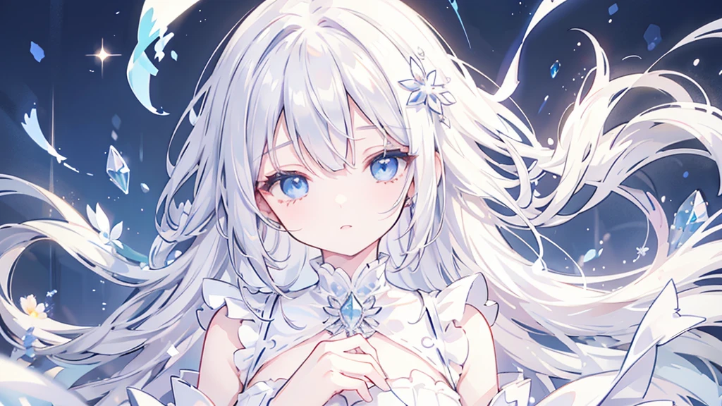 silver hair, hair over eyes, jewelry, half-closed eyes, sad, parted lips, crossed bangs, floating hair, crystal hair, Renaissance, sparkle, masterpiece, best quality,White Dress,Girl,blue eyes,rain,night,whole body,garden