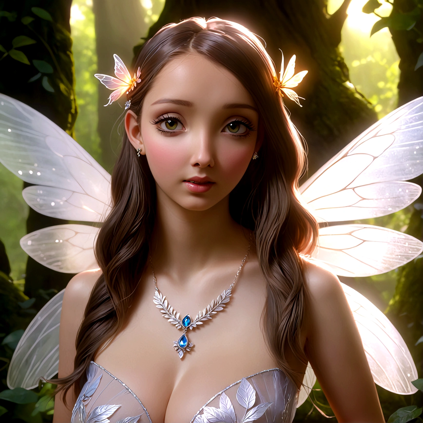 a lovely woman, fairy princess, chromatic wings, sheer dress, ornate flower themed jewelry, mythic glade, pure, innocent, sultry, mesmerizing, (best quality,4k,8k,highres,masterpiece:1.2),ultra-detailed,(realistic,photorealistic,photo-realistic:1.37),cinematic lighting, dramatic colors, fantasy art, cinematic composition, dramatic lighting, ethereal, magical realism
