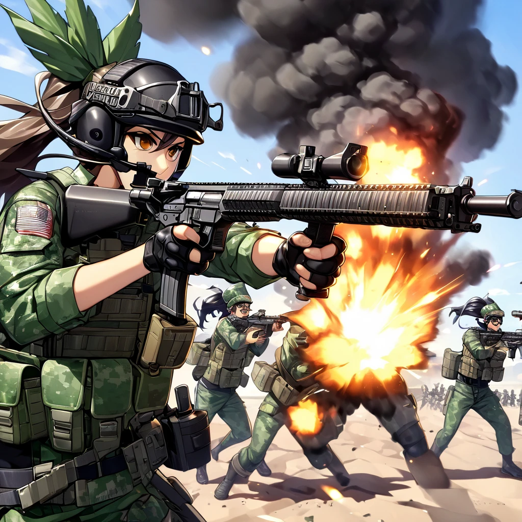 Three cook chefs firing rifles on the battlefield of a war war, disparos y explosiones alrededor