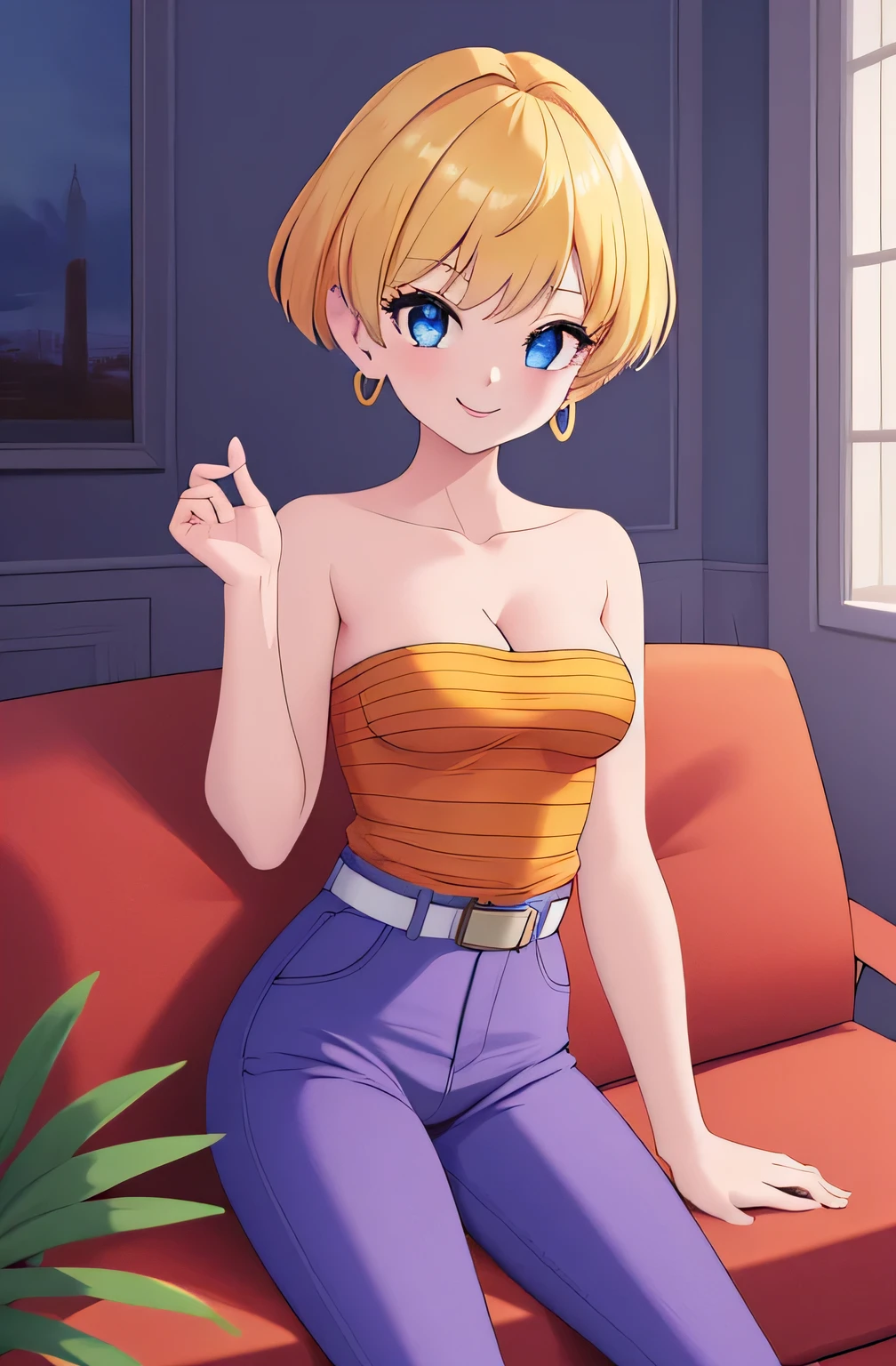 (Best Quality, Masterpiece:1.4), (Absurdres:1.2), 1 girl, Solo, erasa, blonde hair, blue eyes, earrings, orange shirt, striped, strapless, cleavage, white belt, purple pants, small breasts, sitting on a couch, indoor room, smile, looking at viewer, cowboy shot
