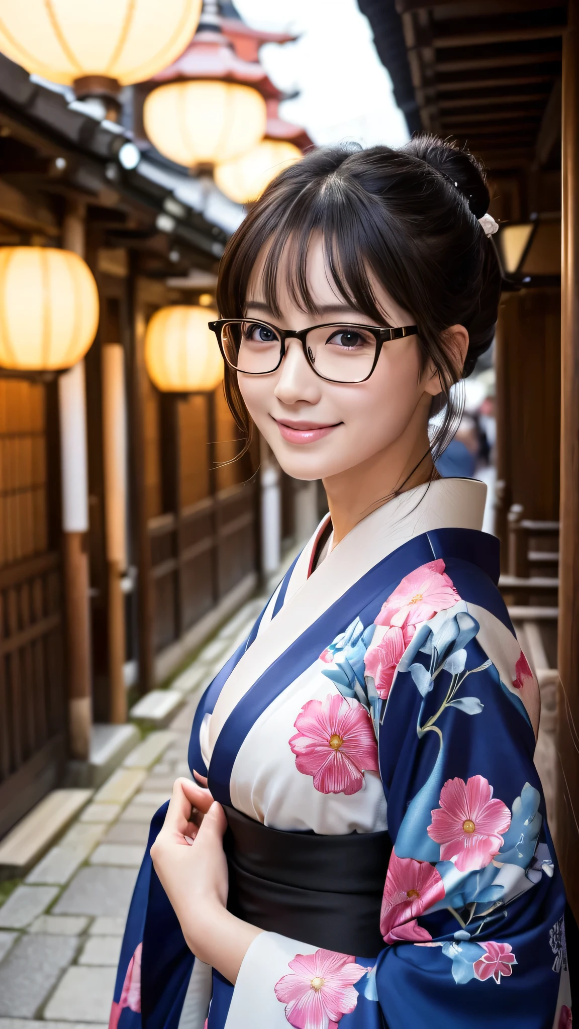 (Super beautiful woman in kimono)、((highest quality、8K masterpiece:1.3))、sharp focus:1.2、(super beautiful face:1.0)、(shiny skin:1.0)、realistic pictures、black hair、video lighting、High resolution eyes and face、video lighting、japanese actress、from the front、big breasts、with a happy smile、Slender abs beauty、whole body、wearing a kimono、in Kyoto、(((luxury obi)))、In Kyoto at night、wearing glasses with no edge、Brush your hair up with your fingers.