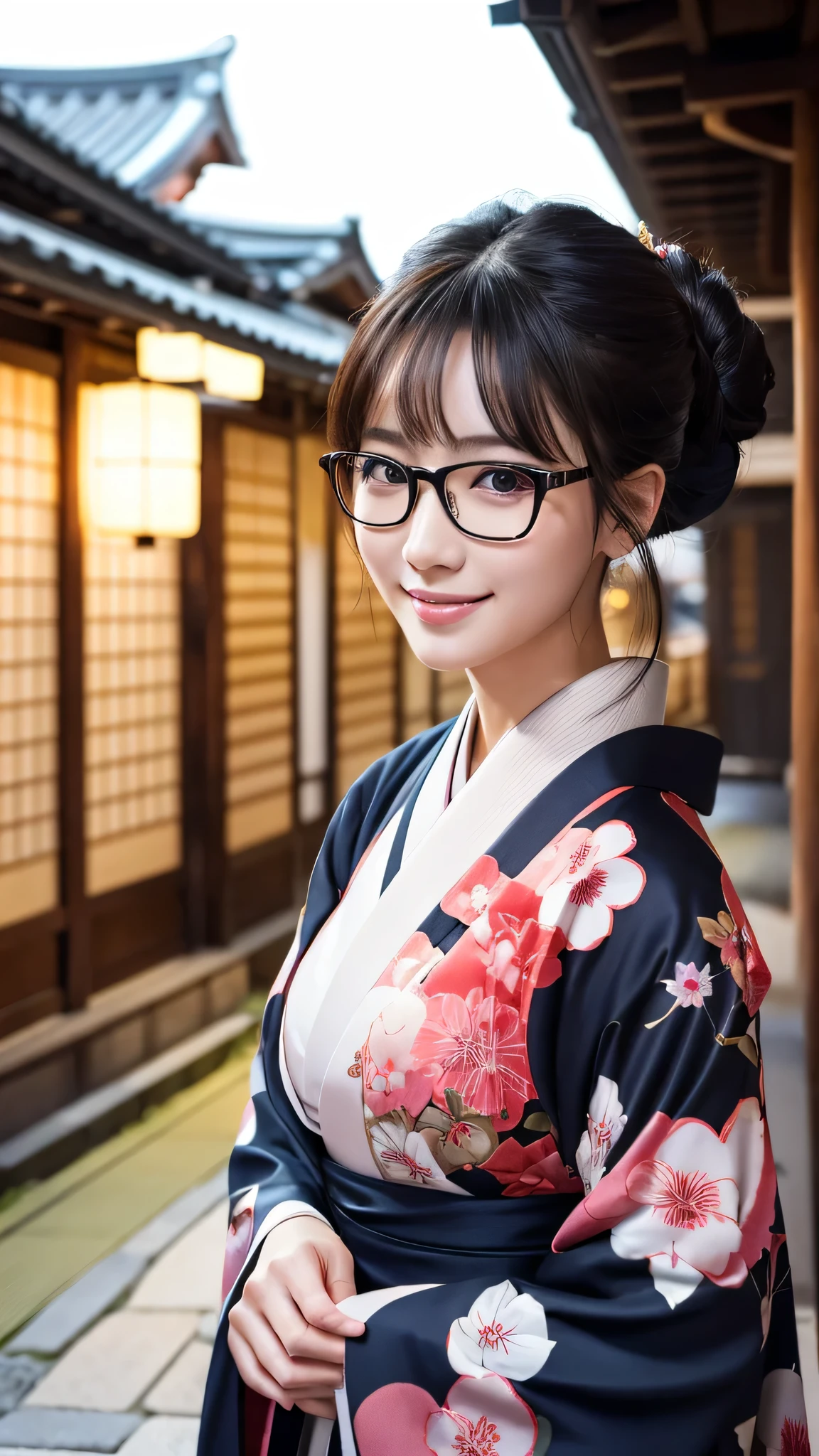 (Super beautiful woman in kimono)、((highest quality、8K masterpiece:1.3))、sharp focus:1.2、(super beautiful face:1.0)、(shiny skin:1.0)、realistic pictures、black hair、video lighting、High resolution eyes and face、video lighting、japanese actress、from the front、big breasts、with a happy smile、Slender abs beauty、whole body、wearing a kimono、in Kyoto、(((luxury obi)))、In Kyoto at night、wearing glasses with no edge、Brush your hair up with your fingers.