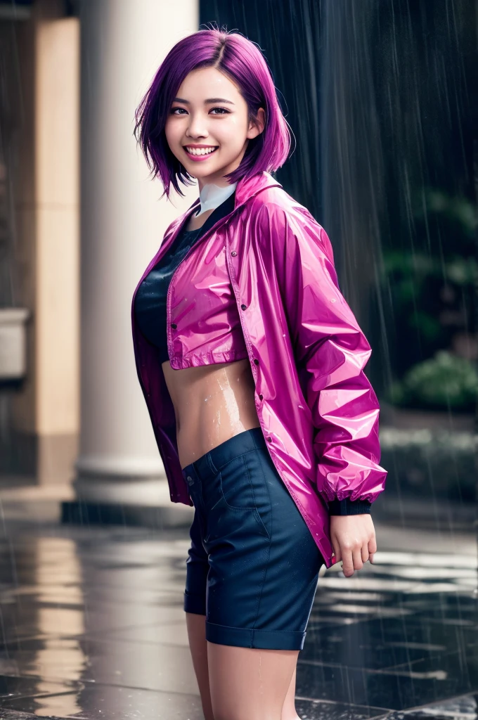 (a girl dancing in the rain with rain-boots and raincoat), 8K, of the highest quality, dancing, masterpiece:1.2), (smile:1.4), (joyful expression:1.2), (short pants:1.3), (Realistic, Photorealsitic:1.37), the highest quality, masterpiece, (wet street:0.4), wet, rain, bright pink hair, Beautiful young woman, Pensive expression, charming, an inviting look, ((pixie hair)), dynamic posing, Cinematic background, Light skin tone,
