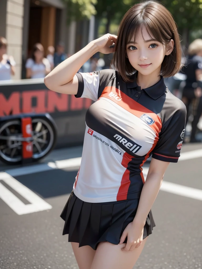 (8k, RAW Photos, Highest quality, masterpiece:1.2), (Realistic, photo-Realistic:1.4), (Highly detailed 8K wallpapers), ((Full Body Shot)), (1 girl), Sharp focus, Depth of written boundary, Cinematic lighting, Soft Light, 緻密な美しさのeye, eye_Chan, Very beautiful 17 year old girl, innocent big eyes, Realistic, photo Realistic, Highly detailed cute girl, (Thin thighs), (Model Body Type), ((( MotoGP Repsol Honda Team polo shirt))), ((Micro Mini Pleated Skirt)), (((Fold your arms in front of your chest and act arrogantly))), ((A happy smile)), Parted lips, Watching the audience, (On the streets of Britain) , (Blonde), (Short Bob Hair), (Asymmetrical bangs)