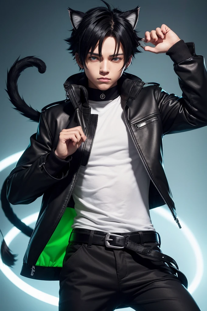 male character with feline traits, such as cat ears and a tail. The character has black hair with a green highlight, Brown skin, wears a white shirt with a black symbol, and a dark jacket with light trimmings. Accessories include belts and pouches, and the attire is completed with black pants. Use the anime style of Boku no Hero Academia.
