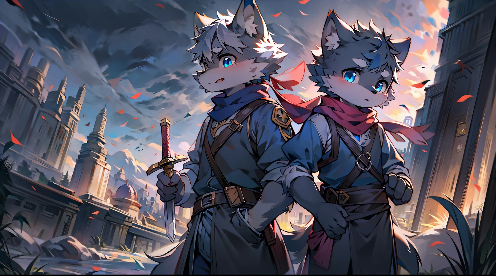 Wolf,juvenile,male,Gray-black fur,Sky blue eyes,Ancient combat uniform,scarf,Holding a long sword,Scabbard back,permanent,The only one,dawn,illumination,Break