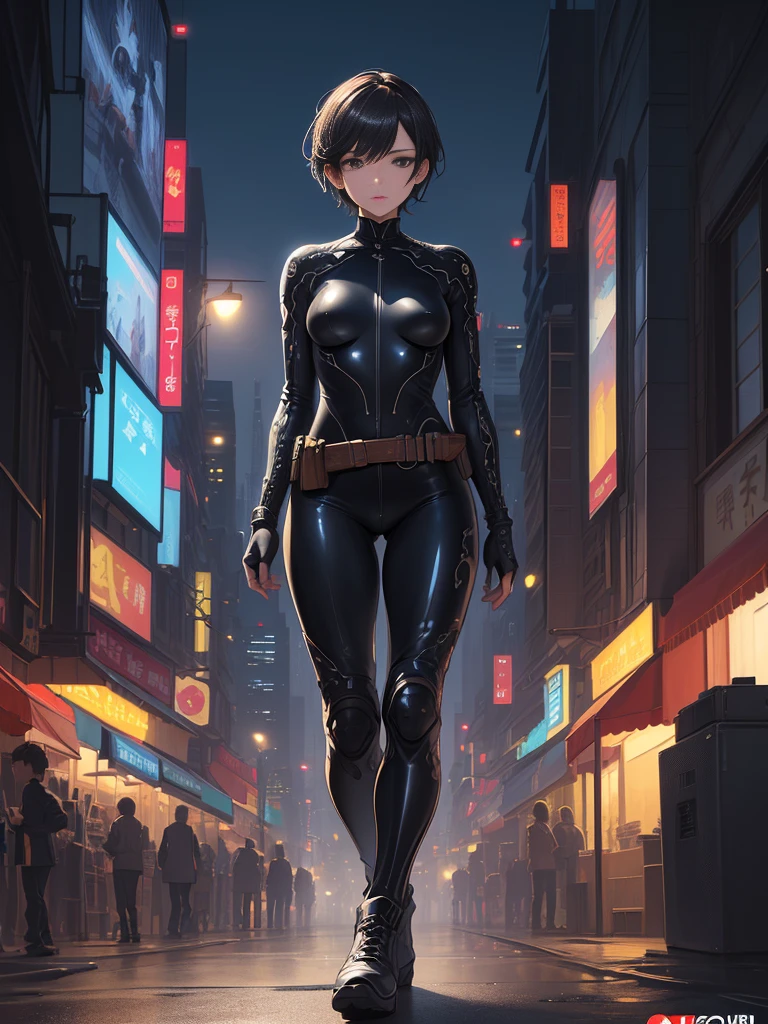 ((Highly detailed illustration)), High resolution, ((extremely detailed and 美しい background)), (Professional illustrations), (Official Art), ((Ultra-precise depiction)), ((Ultra-detailed depiction))、Shiny Rider Suit、Tight、Small breasts、Beauty、older sister、Very Short Hair、belt、boots、Dangerous cityscape、night、Handsome、Androgynous face、bike、