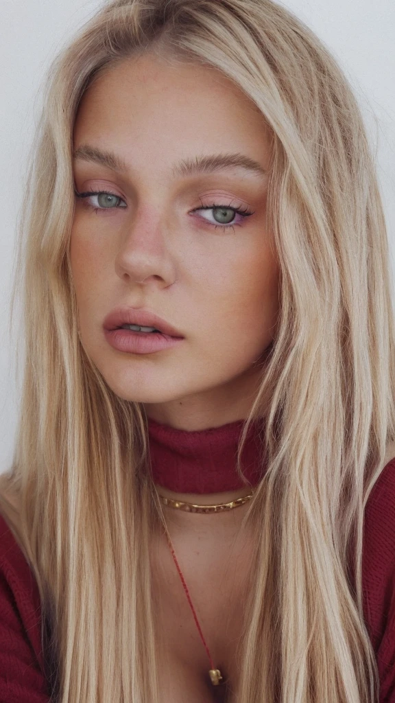 raw photo, (18yo blonde girl:1.2), makeup, graphic eyeliner, rouge, (choker:0.9), realistic skin texture, oversize knit sweater, (red:0.8), softcore, warm lighting, cosy atmosphere, instagram style, 18 years old