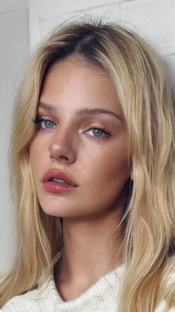 raw photo, (18yo blonde girl:1.2), makeup, graphic eyeliner, rouge, (choker:0.9), realistic skin texture, oversize knit sweater, (red:0.8), softcore, warm lighting, cosy atmosphere, instagram style, 18 years old