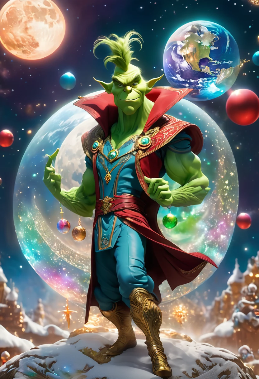(tmasterpiece),(ultra - detailed:1.3),Best quality,(Sparkling:1.2),(Marvel Universe Doctor Strange World),(The Grinch wears Doctor Strange clothes: 1.3),(the moon is empty),The Grinch dressed as Doctor Strange,Teach with a wand,natta,sky sky,moon full,without humans,fantasy magic style, and other decorations, A world of dreams, Cute cartoon design style, Bubble Mart, Vibrant colors,bright,1.4x realism,hyper HD,All shown in this beautiful scene,(The content is very detailed,Reasonable design,Clear lines,High- sharpness,tmasterpiece,offcial art,movie light effect,8K)