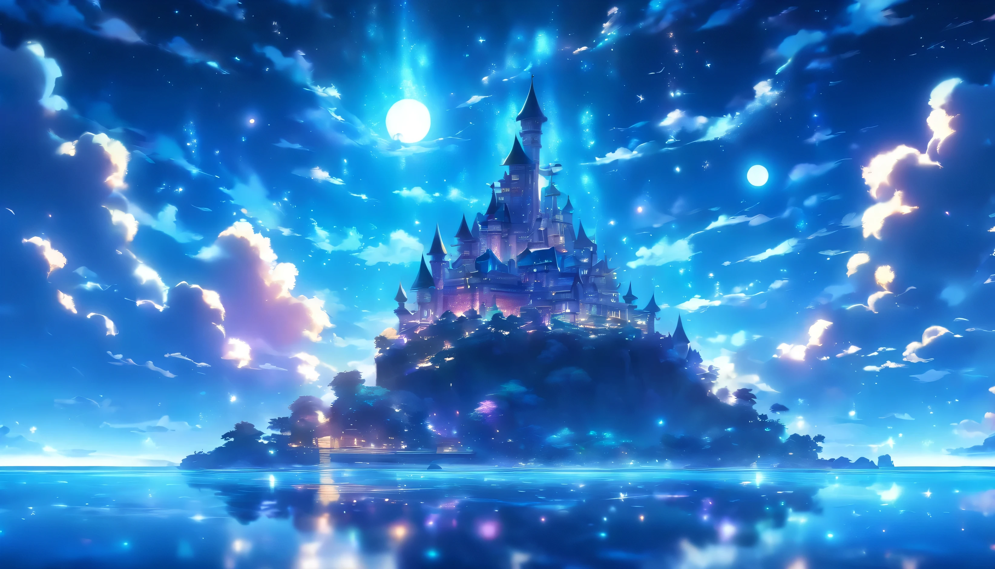 A small island in the sky、((An island made of ice crystals ))、((Big Moon))、(((Moonlight reflecting off the sea)))、midnight、Sparkling starry sky、shooting star、((The Queen's Castle on a Deserted Island))、Transparent Prism、crystal、Various colors mix together、(Colorful light)、((Background: Magnificent ocean and night sky))
、((Pure white nature))、((Overall pale glow))
(The sea sparkles like a jewel)、((Pure white cloudidnight、(Beautiful little castle)、((A castle made of snowflakes))