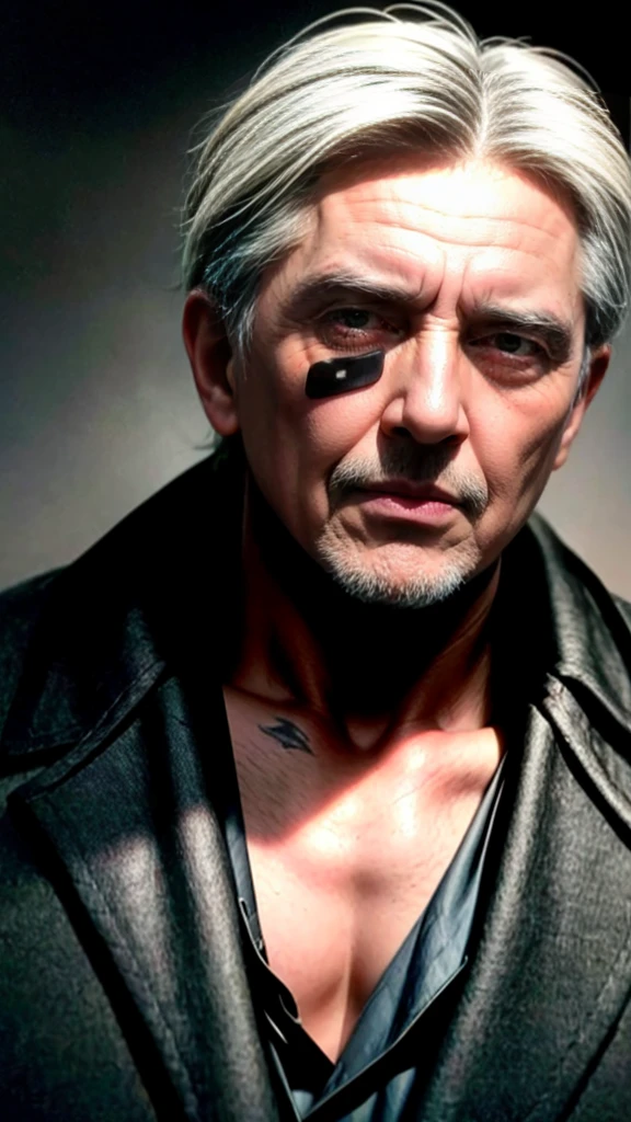 a weathered old man with white hair and an eyepatch, intricate detailed portrait, masterpiece, photorealistic, cinematic lighting, dramatic, chiaroscuro, old master painting style, moody, pensive expression, expressive wrinkled face, intense gaze, warm color tones, dramatic shadows, HDR, 8k
