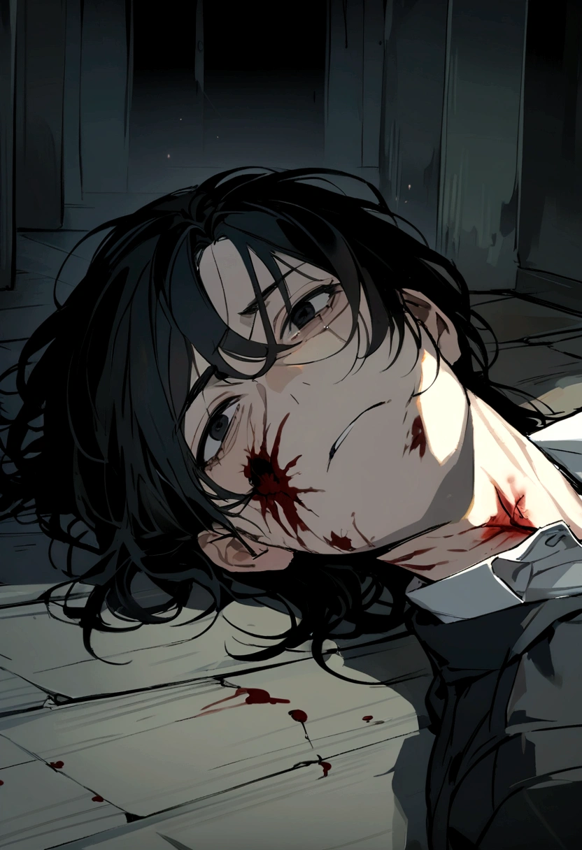 a man, short black hair, glazed black eyes, a single tear fell down his face, lying on the floor with several bleeding wounds, in the dark warehouse
