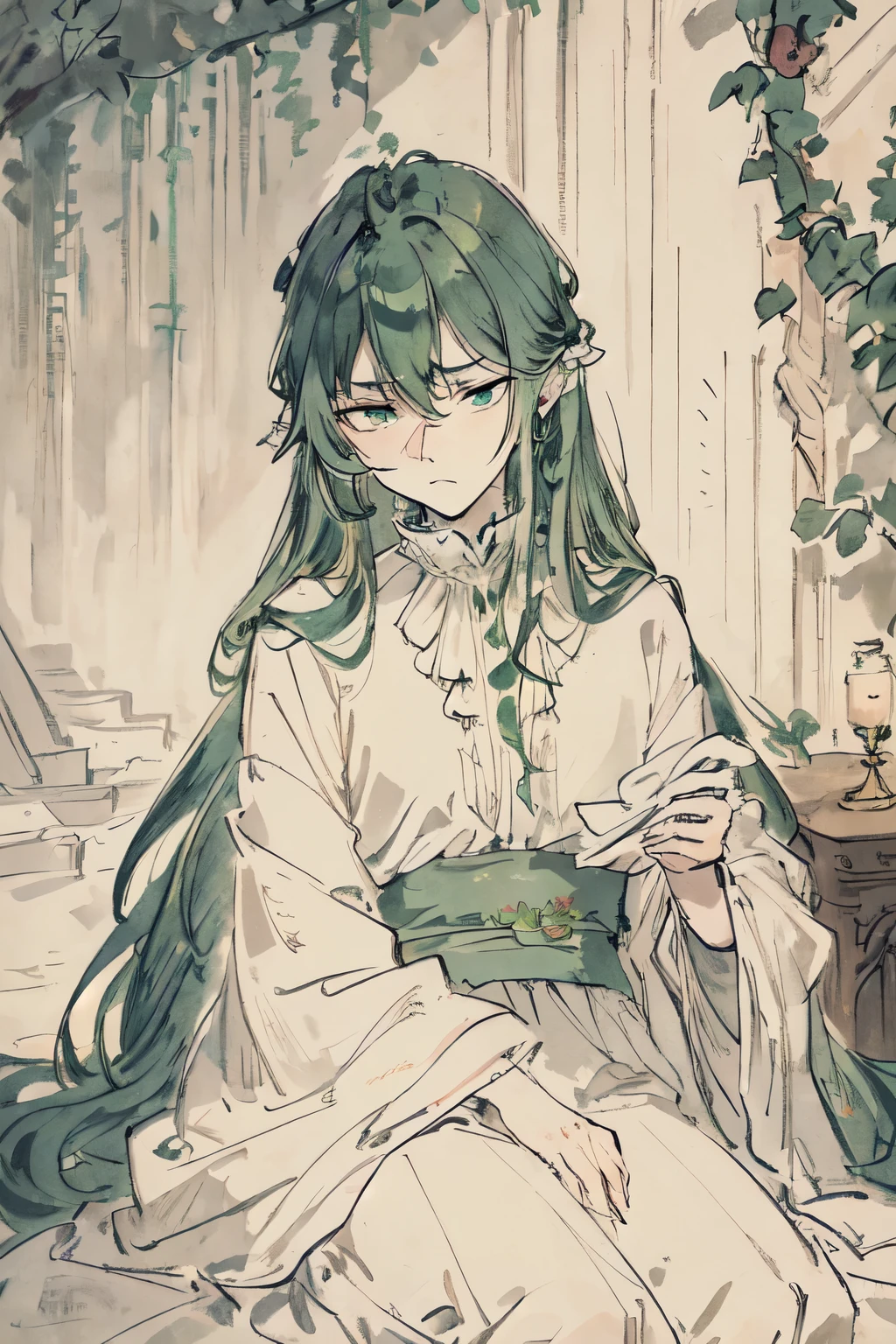 masterpiece, Highest quality, Very delicate and beautiful Very delicate and beautiful, world masterpiece theater, Super detailed, One man, green hair, medium length hair, sullen eyes, grumpy, looking tired
