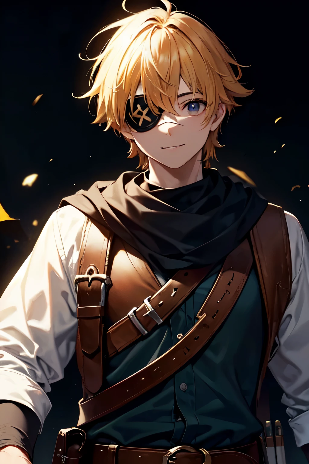 Un chico aventurero saludando, (eyepatch), pelo amarillo, gran sonrisa, ((Masterpiece, Best Quality, Ultra High Resolution))