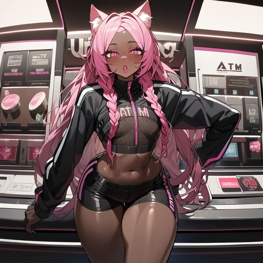 Best quality, highly detailed, ultra detailed, 1 very Dark brown skin boy, chocolate skin, flat chest, male chest, curvy body, long dreadlocks, pink dreadlocks, pink eyes, cat ears, lipgloss, wearing black long sleeve crop top, biker shorts, booty, atm background 