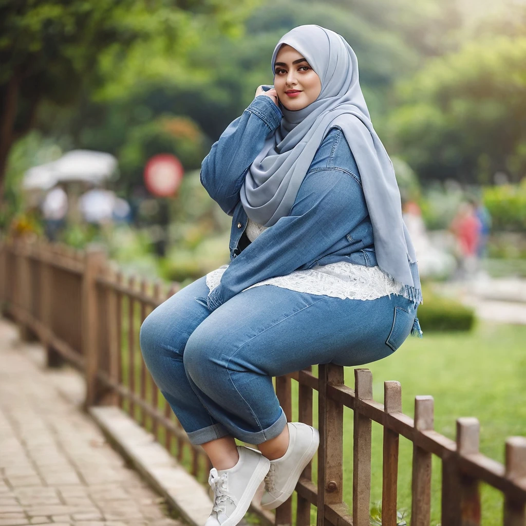 a big fat body woman sitting on a fence with a blue scarf and white shoes, hijab, casual pose, wearing casual clothes, casual photography, with lovely look, blue jeans and grey sneakers, wearing casual clothing, in garden, inspired by Naza, in a park, white hijab, inspired by Shaddy Safadi, wearing denim, beutiful, at a park, 1024px
