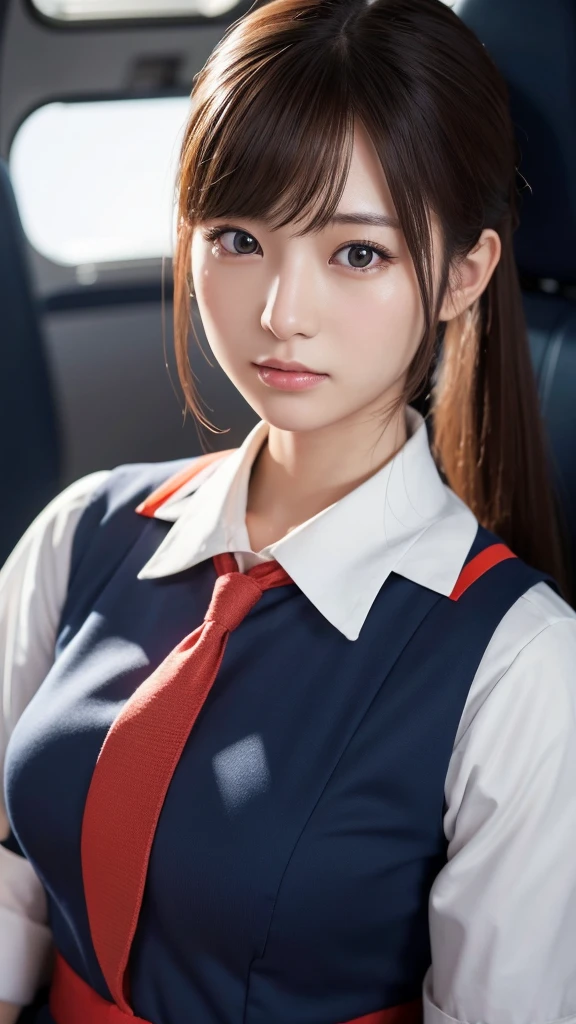 A beautiful young Japanese woman, around 20 years old, wearing a stewardess uniform, ultra-detailed, 8K resolution, highly realistic, cinematic lighting, best quality, masterpiece, photorealistic, physically-based rendering, extremely detailed, vivid colors, professional, sharp focus, studio lighting
