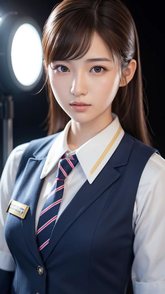 A beautiful young Japanese woman, around 20 years old, wearing a stewardess uniform, ultra-detailed, 8K resolution, highly realistic, cinematic lighting, best quality, masterpiece, photorealistic, physically-based rendering, extremely detailed, vivid colors, professional, sharp focus, studio lighting