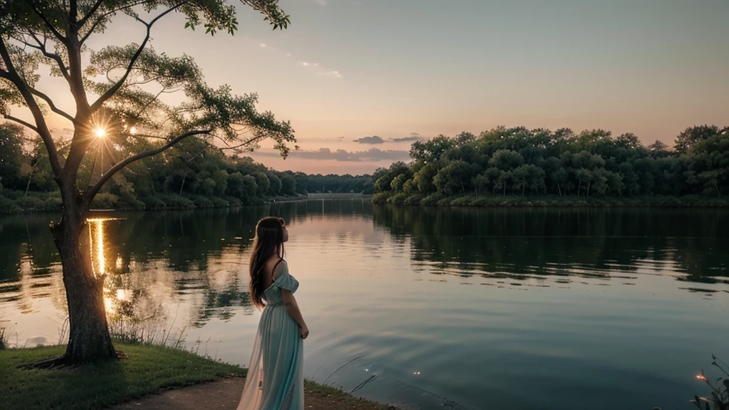 A serene lakeside at sunset, with a gentle breeze rustling through the trees. A woman in a flowing dress stands near the water, gazing dreamily at the horizon. Soft, pastel colors paint the sky, reflecting on the calm water. The atmosphere is romantic and tranquil, with fireflies gently illuminating the twilight. A guitar resting against a nearby tree suggests the presence of soothing, acoustic music. The overall vibe is peaceful, romantic, and enchanting.