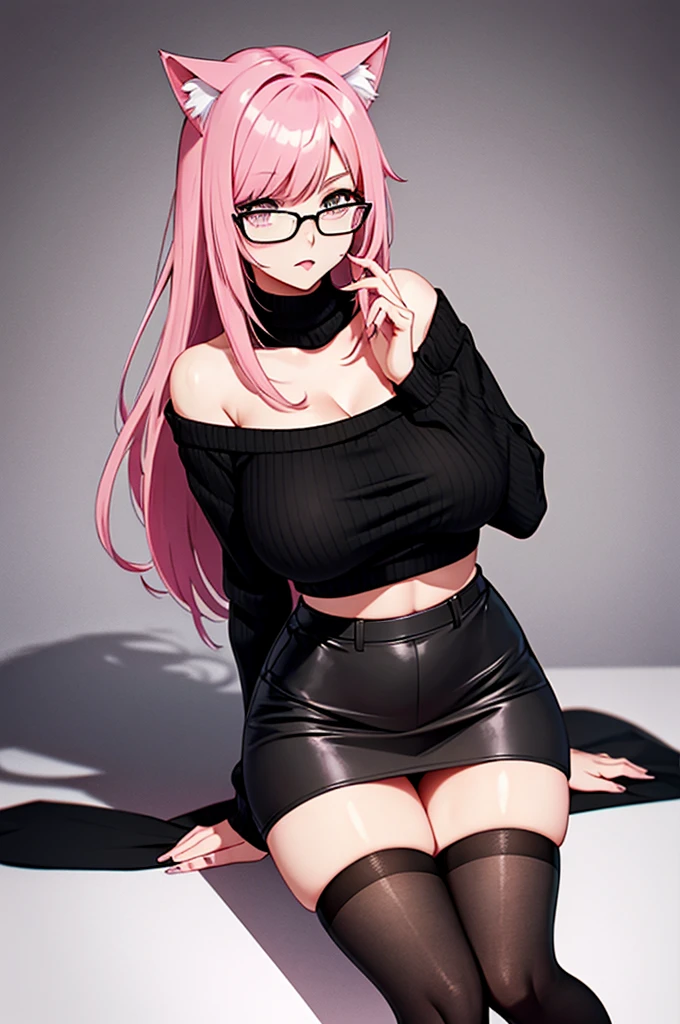 Tall girl with pink hair with cat ears wears a short black sweater and a short black skirt and black stockings on her legs with big breasts and wide hips and wears glasses and has a pink cat tail and a cute expression