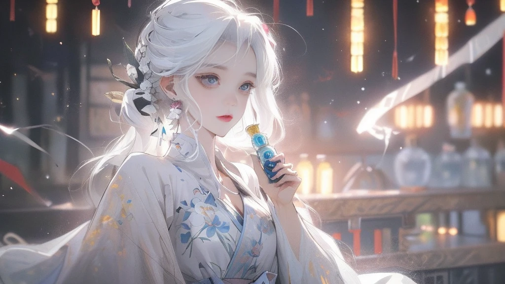 ((masterpiece)), Very detailed, best quality, 8K, (柔Light), Light, Beautiful and delicate eyes, 1 girl, White hair, Long hair, Next to it is a bottle of perfume, elegant, comfortable, Clean and detailed anime art, Popular content on artstart, Rainbow Colors, milky, Warmly illuminate, Soap, (Pink and white theme),