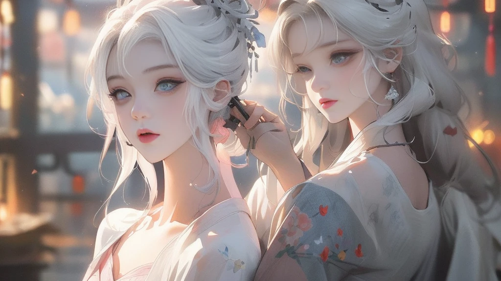 ((masterpiece)), Very detailed, best quality, 8K, (柔Light), Light, Beautiful and delicate eyes, 1 girl, White hair, Long hair, Next to it is a bottle of perfume, elegant, comfortable, Clean and detailed anime art, Popular content on artstart, Rainbow Colors, milky, Warmly illuminate, Soap, (Pink and white theme),