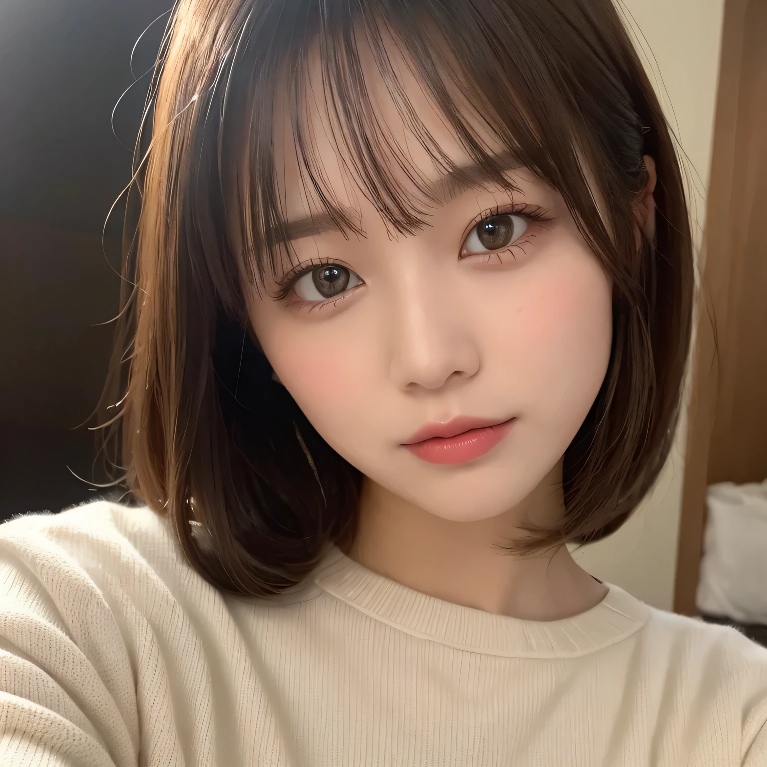 Tabletop, Highest quality, figure, Super detailed, In detail, High resolution, 8k wallpaper, Perfect dynamic composition, Beautiful attention to detail,、Natural color lip, Randomly sexy poses,20-year-old girl、cute、Looking at the camera, Sexy Face,A face of ecstasy,Face at peak sexual arousal,Wear a sweater dress,Face close-up,Take a selfie