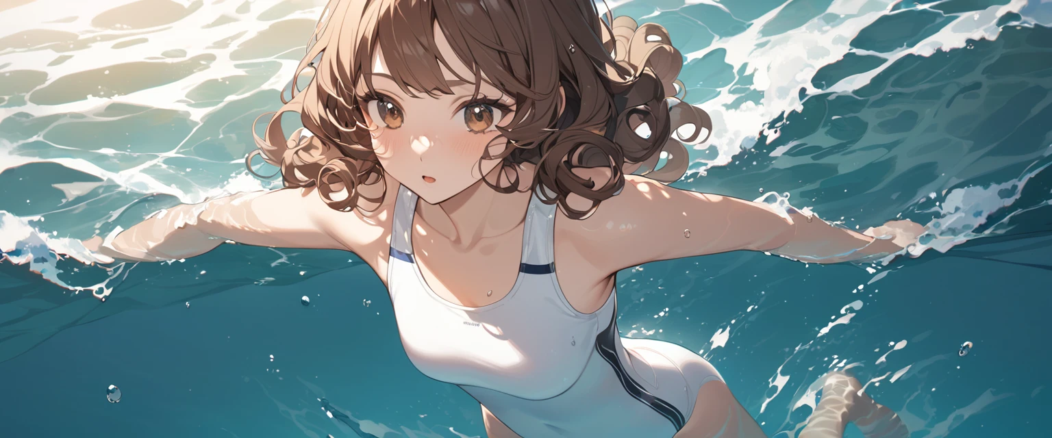 (Highest quality、Very detailed、Very detailed and beautiful、Ultra-high resolution) 、In the water、Swimming girl、{Brown Hair、short hair、Wavy Hair、Curly Hair、Low Twintails}, White one piece swimsuit、Competitive swimming suits