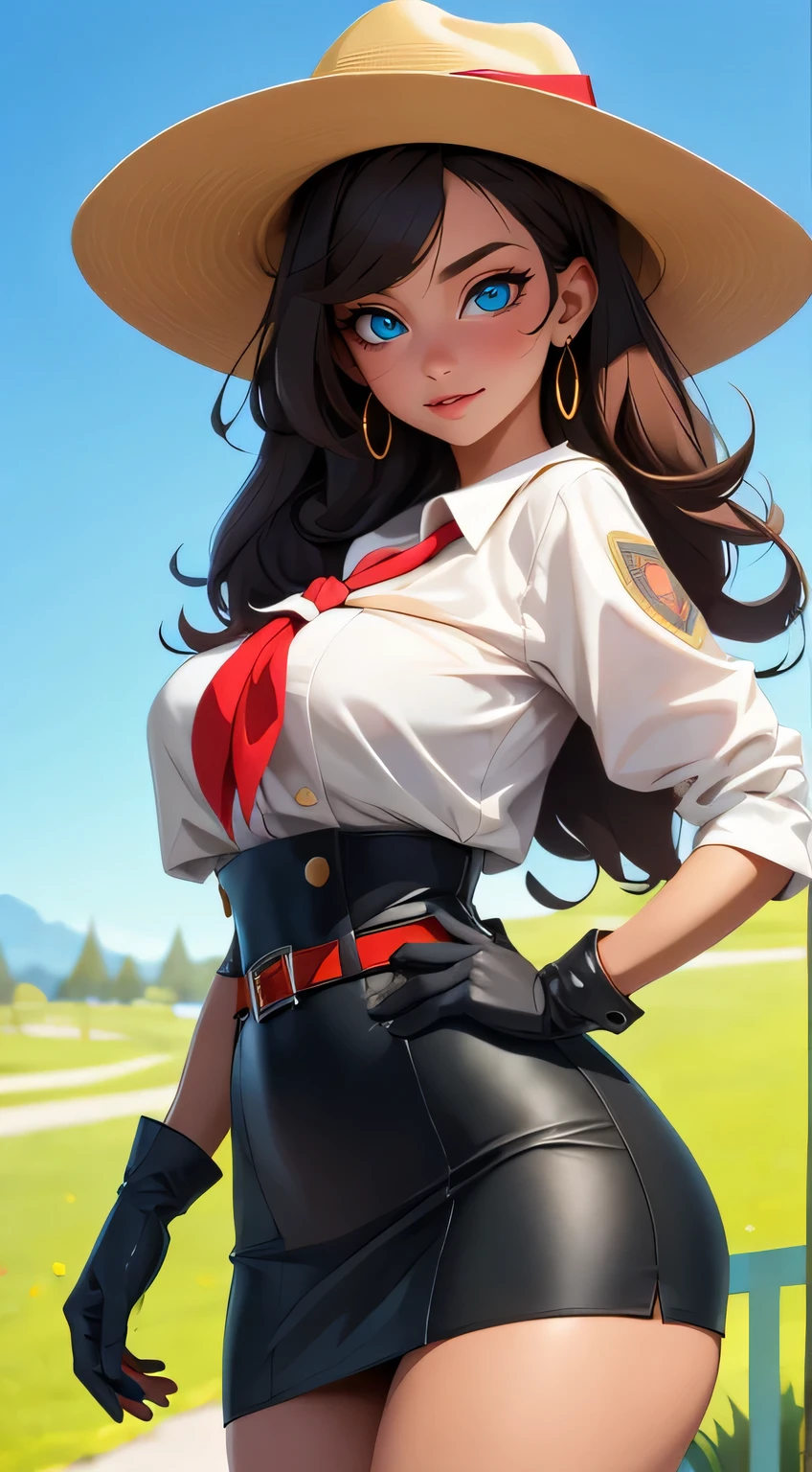(rear view, backside view),(masterpiece, best quality:1.4), absurdres, highres, ultra detailed, beautiful, 1girl, (secretary), (perfect face, detailed face, beautiful:1.3), (green eyes, black hair, bangs, hair intakes, long hair), (natural breasts, cleavage), collarbone ,collared shirt, fingerless gloves, gloves, pencil tight skirt, , over the knee skirt, hat, navel, neckerchief, red neckerchief, elegant secretary outfit, thick thighs, thighs, multiple belts, More detailed 8K.motor irreal:1.4,UHD,La mejor calidad:1.4, fotorrealista:1.4, textura de la piel:1.4, obra maestra:1.8,obra-prima, mejor calidad,objeto Objeto], (detailed face features:1.3),(manos detailed).