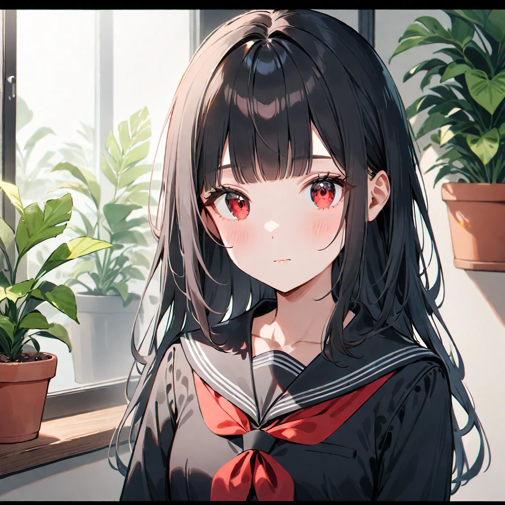 1girl, solo, , black hair, red eyes, looking at viewer, serafuku, bangs, plant, indoors, upper body, long hair, black serafuku, sailor collar, neckerchief, closed mouth, red neckerchief, blunt bangs, collarbone, letterboxed, potted plant, black sailor collar --style 1 --preset 3, ((medium quality)), ((medium quality))
