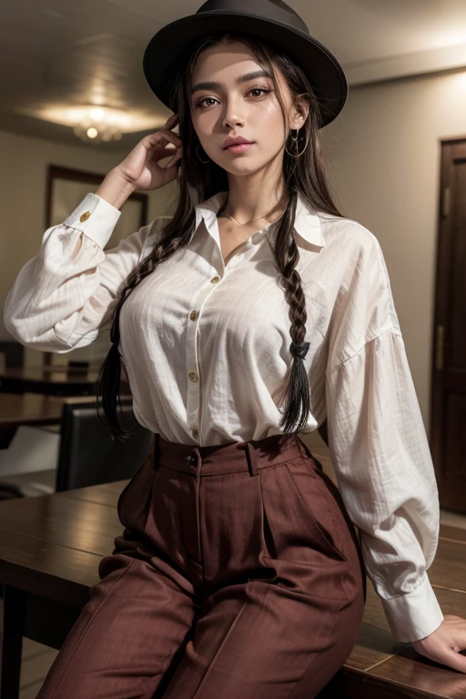 Imagem ultra realista, Mulher negra, with braided hair, athletic body, dressed in burgundy linen pants, button-down blouse with long sleeves, gravata curta e rosa clara, period hat, sentada num banco de madeira elegante, dentro de uma sala com instrumentos musicais de jazz, sala iluminada pela luz do sol