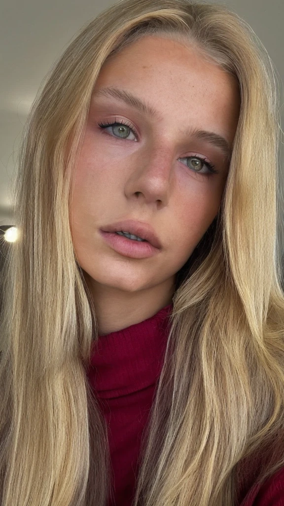 raw photo, (18yo blonde girl:1.2), makeup, graphic eyeliner, rouge, (choker:0.9), realistic skin texture, oversize knit sweater, (red:0.8), softcore, warm lighting, cosy atmosphere, instagram style, 18 years old