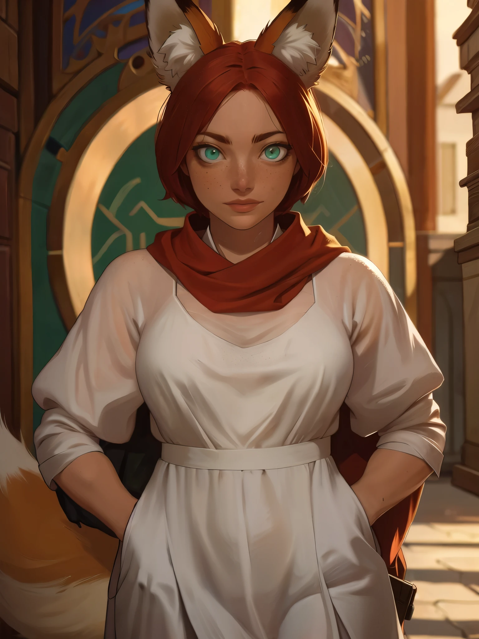 kemono girl, (((fox ears))), Emma Stone, a thief, wearing a linen tunic and a red shemagh scarf, | green eyes, red hair, short hair, ((freckles)), parted lips, ((extremely bored)), (((rolling eyes))), dynamic pose, in medieval streets, at day, | (8k, RAW photo, best quality, masterpiece:1.2), ultra-detailed, (high detailed skin:1.2), 8k uhd, dslr, soft lighting, high quality, ((upper body:1)), (centered:1.2), ((LOOKING at the VIEWER)), asura, film grain, highly detailed shading, ((perfect_hands):1), Goodhands-beta2, Detailed eyes, perfect face, perfect eyes, Detailed face