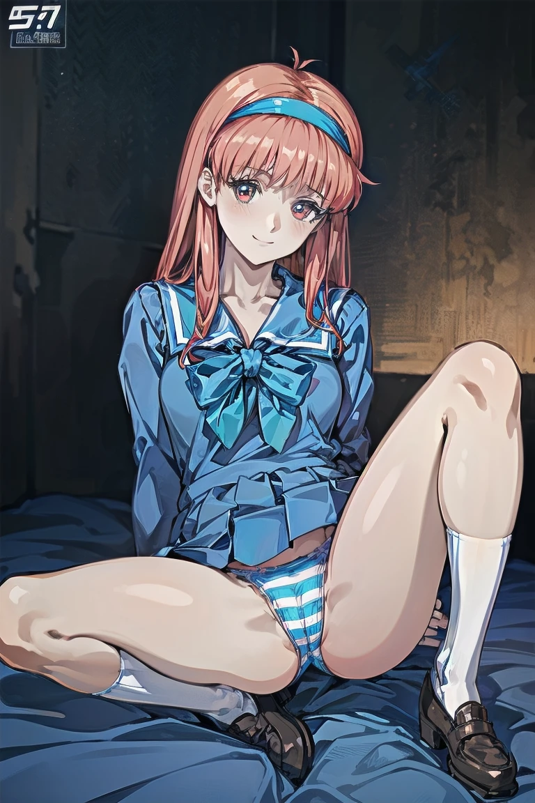 (( Highest quality, High resolution, Hmph, Pixel Perfect,  4K, Hmph, Hmph))),girl1 person, single, alone, Beautiful woman、whole bodyが見えました、 ((Mid-wave hair, bangs, Redhead、Yellow headband、)), ((Brown eyes, Beautiful eyelashes, Realistic eyes)), ((Detailed face, blush:1.2)), ((Smooth texture:0.75, Realistic texture:0.65, Realistic:1.1, Anime CG Style)),Troubled face、 でwhole body汗まみれ)))), Perfect body,Leaning forward significantly、A dimly lit love hotel、Sailor suit、mini skirt、White high knee socks、From below撮影、8k,(masterpiece:1.4)(Highest quality:1.4),(Highest quality), 1 person,  Focus Only,(Shiny skin), whole body,  Squat, ((Open your thighs wide to the left and right)), ((観客にあなたのShow me your ください)), ((Place your arms behind your head)), Soft lighting,  masterpiece, (masterpiece, Highest quality;1.3), Very detailedなCG, Very detailed, girl1 person, alone, smile, Looking at the audience, Stylish angle, , sv1, From below,  Focus,, , 地面にSquat, Open your  from side to side, Place your arms behind your head, Underarm, Gazing at the audience, To the audience:, Spread your  open and face the viewer., Photographed from the front, Camera position is low,Small Head、Blowjob Gestures, Midnight、Dim lighting、Highest quality, High resolution, unity 8k wallpaper, (shape:0.8), (Beautiful details:1.6), 非常にDetailed face, Perfect Sentence, Very detailedなCG, (Perfect hands, Perfect Anatomy),((Spread your legs:1.3))(((White and sky blue horizontal striped cotton panties))),Looking down angle.、Camel Toe,(Detailed Hair), (masterpiece), (Highest quality), (Very detailed), Focus your eyes, Detailed face, Perfect , , (Intricate details),girl, (((Spread your legs座る))),whole body,Great hands,Detailed five fingers,Attention to detail in costumes, Please sit down,On the bed,(((Two-handed  gesture))),　(((細部までこだわったCamel Toe))),(((smile)))、Show me your crotch、Very large breasts、Sit on the bed、Nipple erection,whole body写真、Focus on the crotch、Exposing thighs、((Raise your knees and spread your legs))、Focus on the crotch、Show your crotch、White tights、The background is the locker room、Brown Loafers