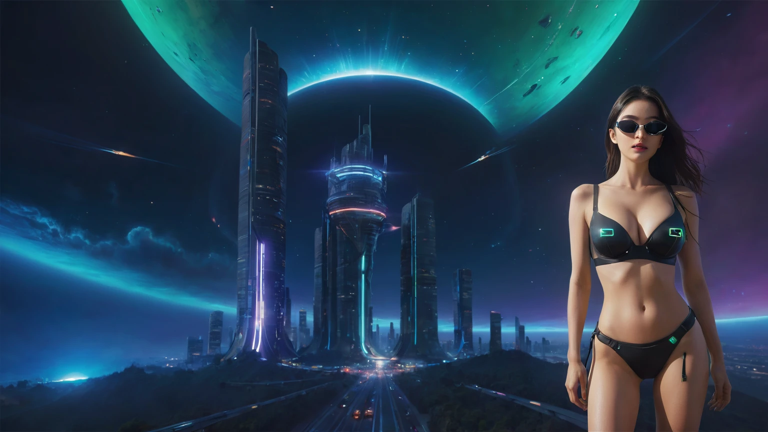 brightly colored abstract image of a space station with a spiral, epic beautiful space scifi, chaotic cinematic space rift, greg beeple, (((((flying cars, 1drone))))), planets colliding, beeple and tim hildebrandt, beeple and jean giraud, end of the universe, galaxy space sci-fi, ringworld, by Mike "Beeple" Winkelmann. Matrix style, (((((Matrix cascading code))))), (((((a futuristic twin tower skyscraper with a unique twisted design))))), (((((OLED GUI interfaces in the building))))), at night, (((((1girl, solo))))), photo realistic, (((large-breast:1.2 slim body, cleavage))), (((off broken mini sling-shirt and black sling bra, extreamly short pleated miniskirt exposing panty))), (((((running pose))))), (((((((matrix style black micro sunglasses))))))), ((((((((((aiming with a short gun)))))))))), (((((looking at camera))))), (((very low view))), (((((half-body thigh level medium shot))))), (((cinematic lighting))).
