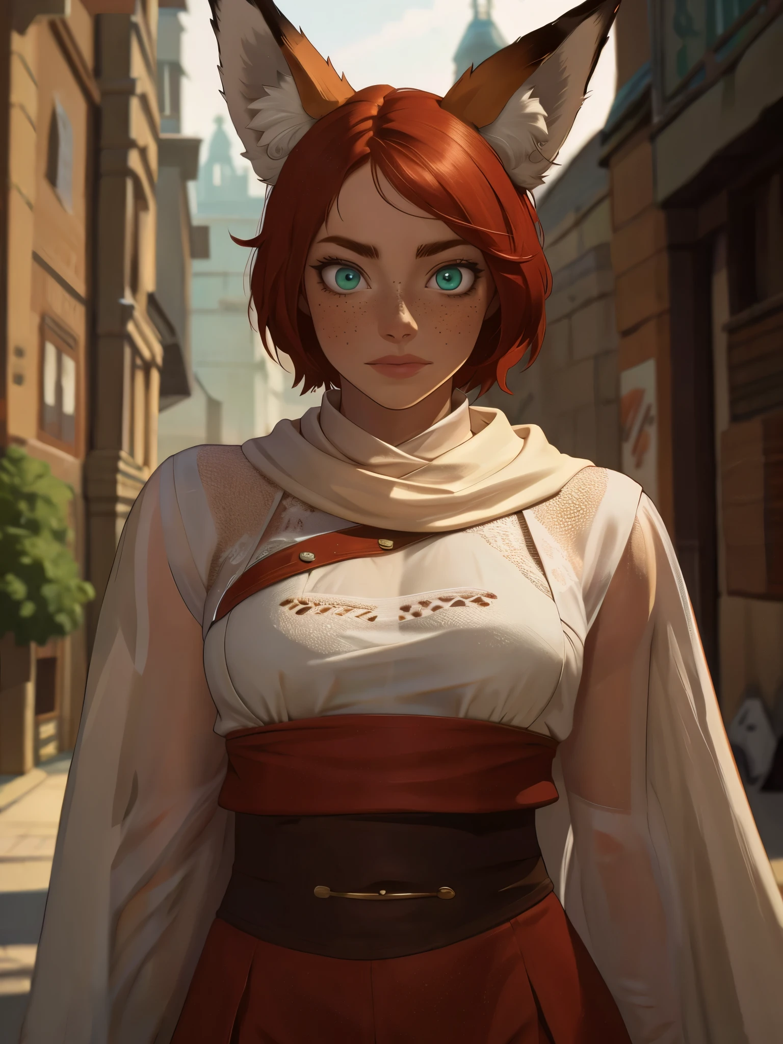 kemono girl, (((fox ears))), Emma Stone, a thief, wearing a linen tunic, a red shemagh scarf, brown leather pants, | green eyes, red hair, short hair, ((freckles)), parted lips, ((extremely bored)), (((rolling eyes))), dynamic pose, in medieval streets, at day, | (8k, RAW photo, best quality, masterpiece:1.2), ultra-detailed, (high detailed skin:1.2), 8k uhd, dslr, soft lighting, high quality, ((upper body:1)), (centered:1.2), ((LOOKING at the VIEWER)), asura, film grain, highly detailed shading, ((perfect_hands):1), Goodhands-beta2, Detailed eyes, perfect face, perfect eyes, Detailed face