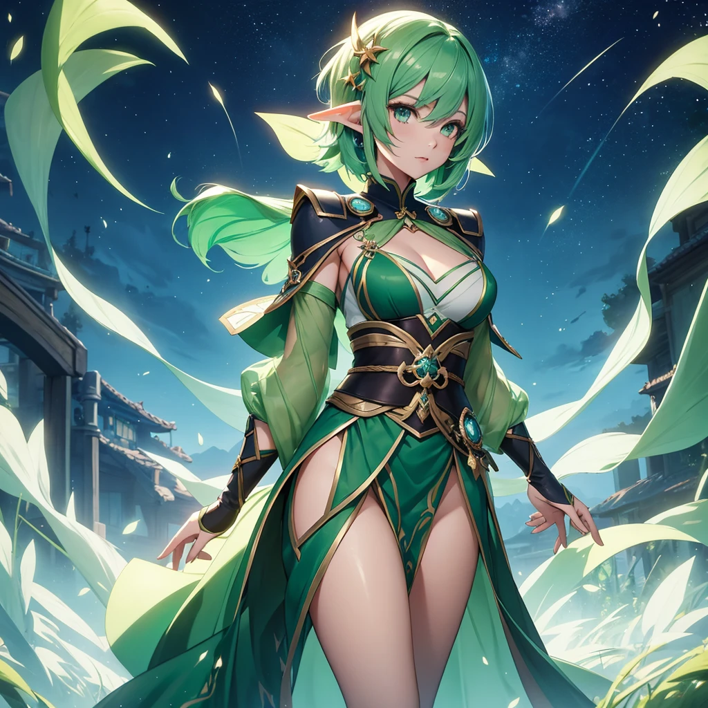 Pretty, beautiful, elf girl, elf, green hair, short hair, pretty hair, beautiful body, genshin impact design, fashion, fashion design, genshin impact, video game, full body, pretty face, starry clothes, star, Genshin Splash art.