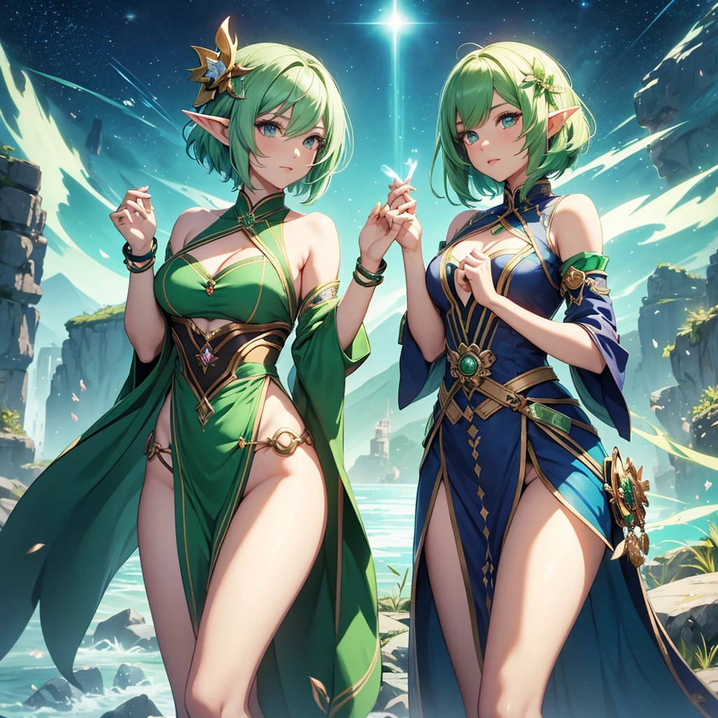 Pretty, beautiful, elf girl, elf, green hair, short hair, pretty hair, beautiful body, genshin impact design, fashion, fashion design, genshin impact, video game, full body, pretty face, starry clothes, star, Genshin Splash art.
