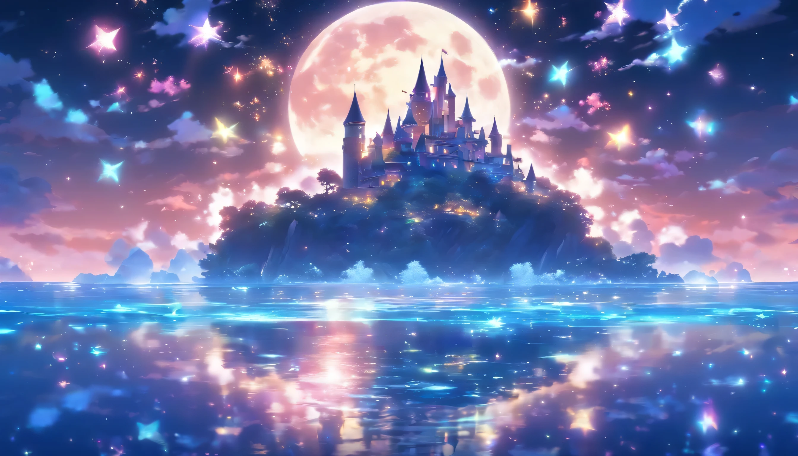A small island in the sky、((An island made of ice crystals ))、((Big Moon))、(((Moonlight reflecting off the sea)))、midnight、Sparkling starry sky、shooting star、((The Queen's Castle on a Deserted Island))、Transparent Prism、crystal、Various colors mix together、(Colorful light)、((Background: Magnificent ocean and night sky))
、((Pure white nature))、((Overall pale glow))
(The sea sparkles like a jewel)、((Pure white cloudidnight、(Beautiful little castle)、((A castle made of snowflakes))